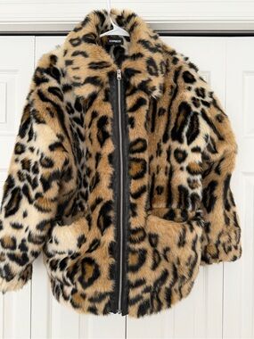 EXPRESS Leopard/Cheetah Print Faux Fur Coat XS/S Black Trim Full Zip Jacket